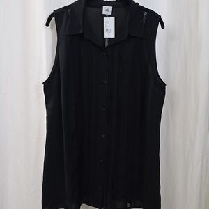 Cabi XL Sheer Georgette Sleeveless Black Button-Up Lace Inset Pintuck Blouse Top